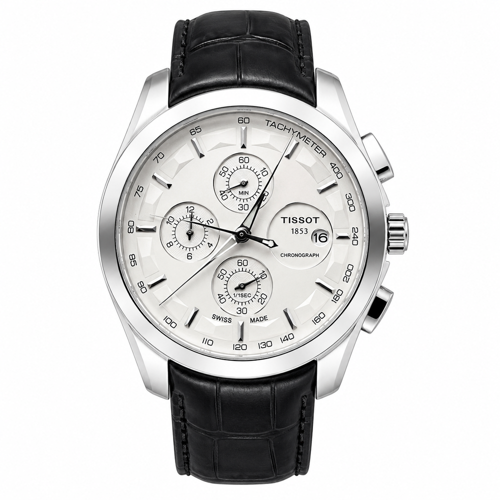 Heritage Chronograph Watch — White Dial, Black Leather